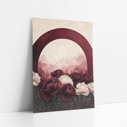Burgundy Arch Smooth Peony Garden art print leaning against a white wall – burgundy and cream peonies in a dark green garden