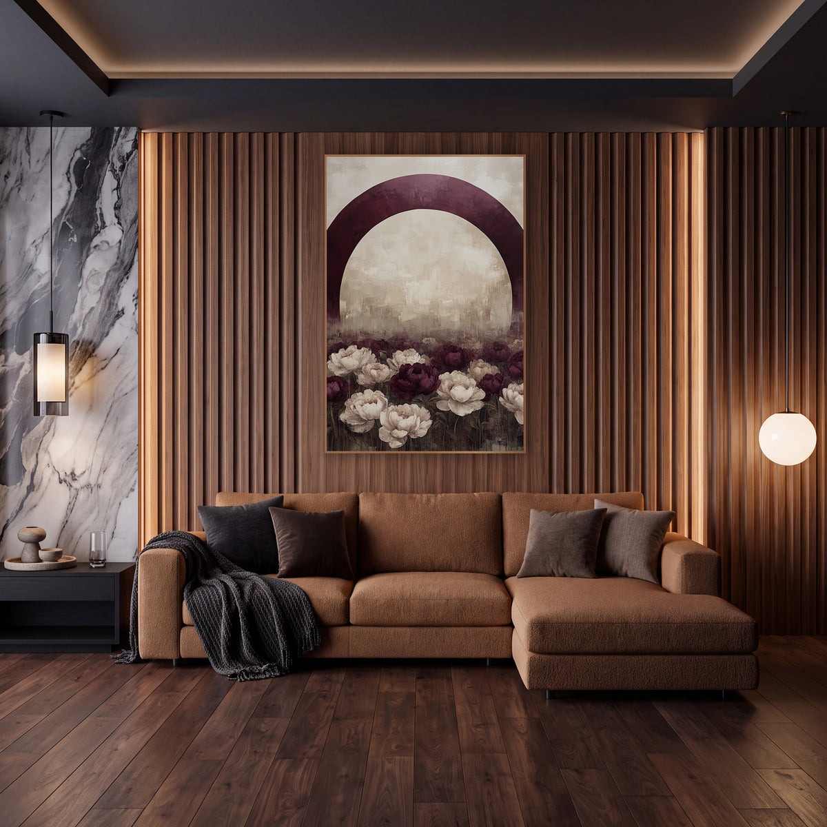 Plum Arch Weathered Peony Meadow wall art in an elegant modern room – large burgundy arch over a field of burgundy