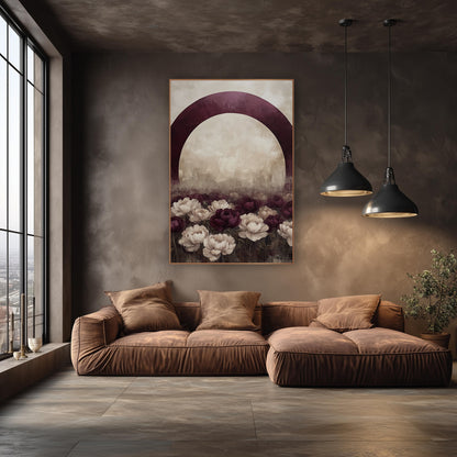 Plum Arch Weathered Peony Meadow wall art in an elegant modern room – large burgundy arch over a field of burgundy