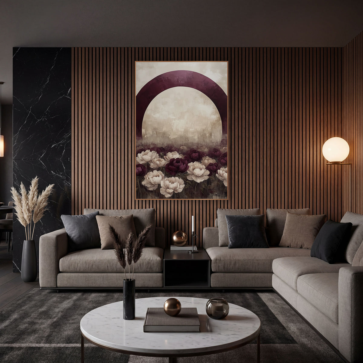 Plum Arch Weathered Peony Meadow wall art in an elegant modern room – large burgundy arch over a field of burgundy