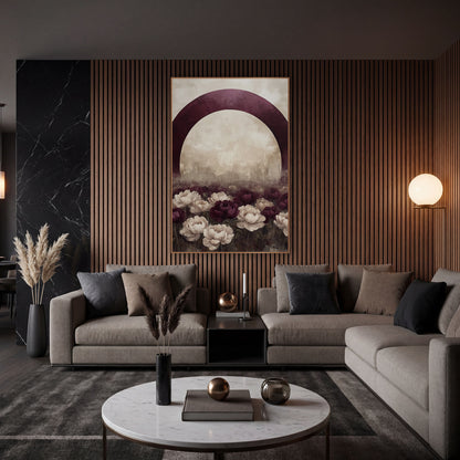 Plum Arch Weathered Peony Meadow wall art in an elegant modern room – large burgundy arch over a field of burgundy