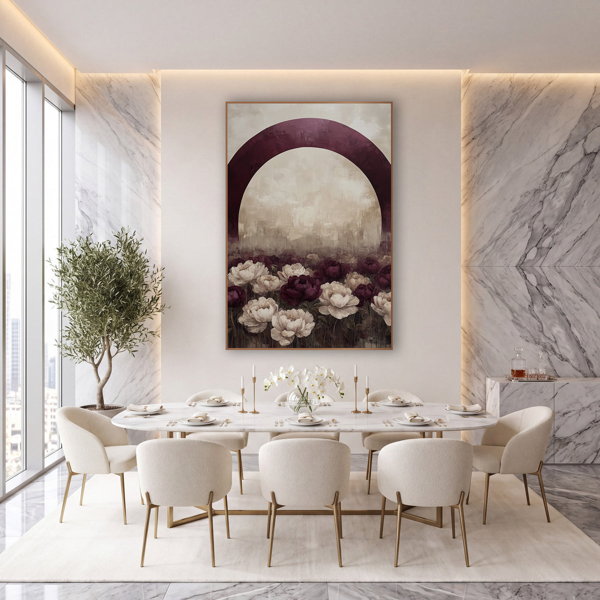 Plum Arch Weathered Peony Meadow wall art in an elegant modern room – large burgundy arch over a field of burgundy