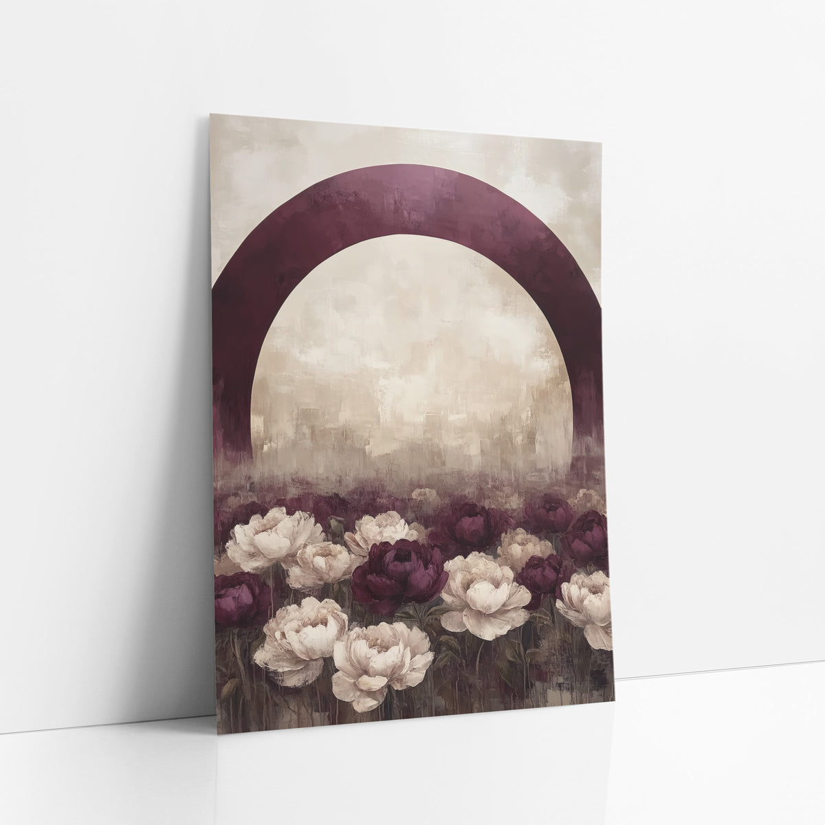 Plum Arch Weathered Peony Meadow art print leaning against a white wall – large burgundy arch over a field of burgundy