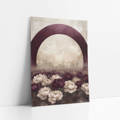 Plum Arch Weathered Peony Meadow art print leaning against a white wall – large burgundy arch over a field of burgundy
