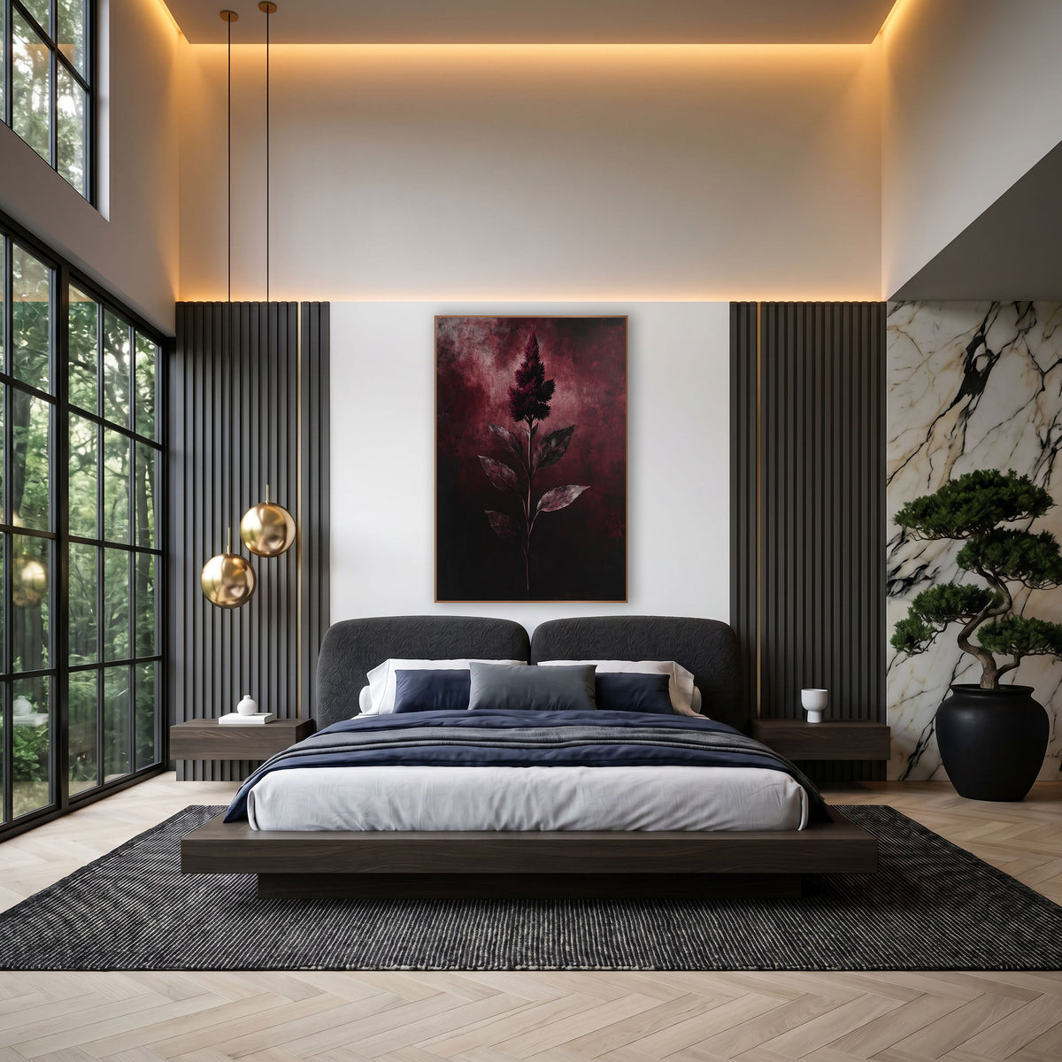 Dark Celosia Crest Shadowed Botanical wall art in an elegant modern room – dark burgundy celosia flower plume