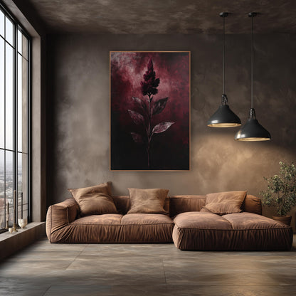 Dark Celosia Crest Shadowed Botanical wall art in an elegant modern room – dark burgundy celosia flower plume