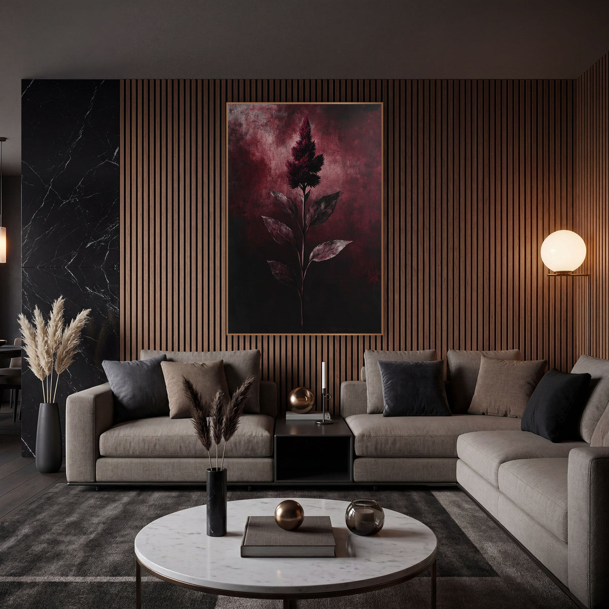 Dark Celosia Crest Shadowed Botanical wall art in an elegant modern room – dark burgundy celosia flower plume