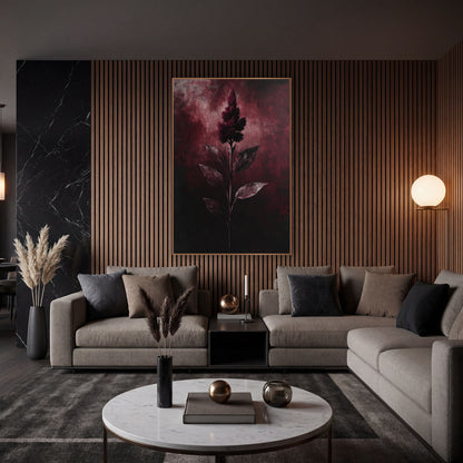 Dark Celosia Crest Shadowed Botanical wall art in an elegant modern room – dark burgundy celosia flower plume