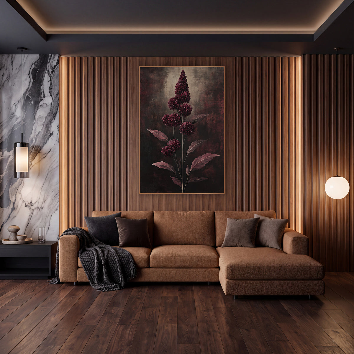 Burgundy Flower Spike Botanical wall art in an elegant modern room – tall burgundy flower spike with round wine-red