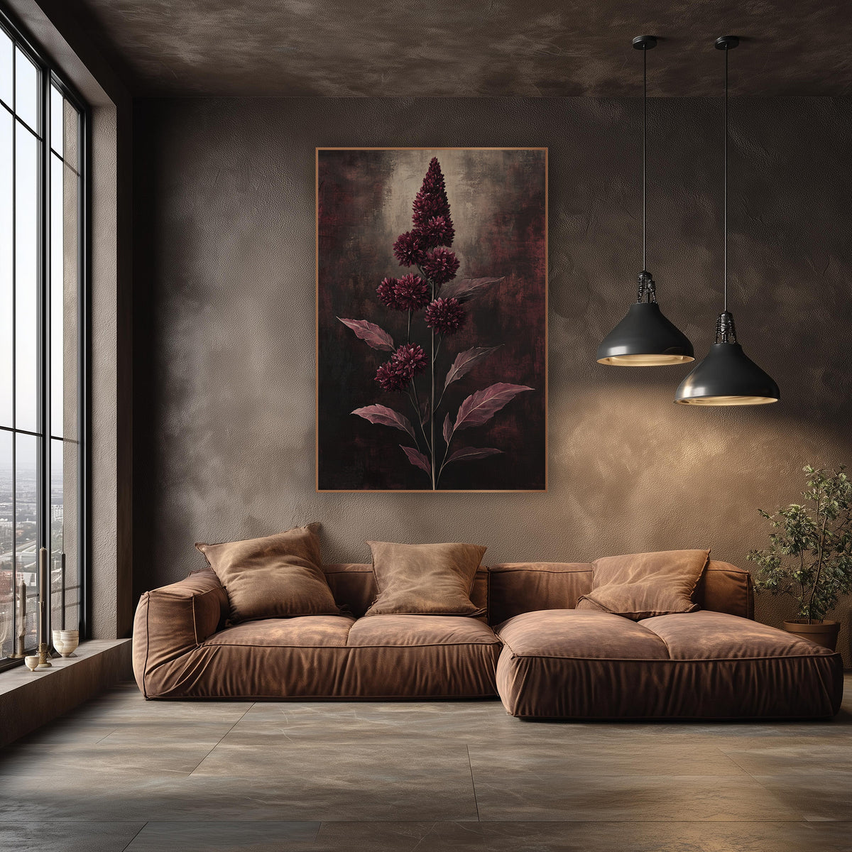 Burgundy Flower Spike Botanical wall art in an elegant modern room – tall burgundy flower spike with round wine-red
