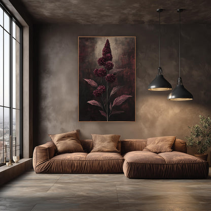 Burgundy Flower Spike Botanical wall art in an elegant modern room – tall burgundy flower spike with round wine-red