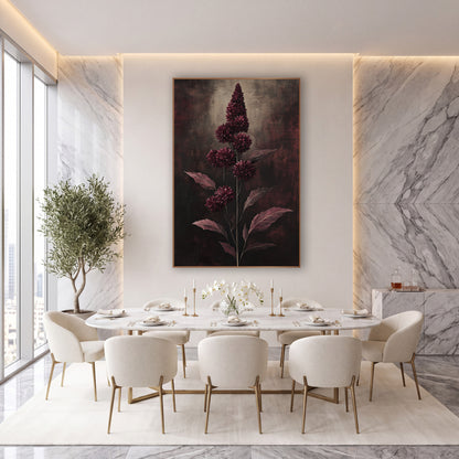 Burgundy Flower Spike Botanical wall art in an elegant modern room – tall burgundy flower spike with round wine-red