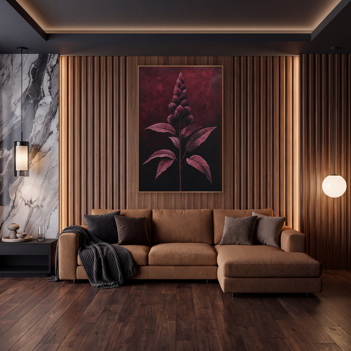 Burgundy Flower Plume Botanical wall art in an elegant modern room – tall burgundy flower spike with round spiky