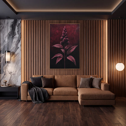 Burgundy Flower Plume Botanical wall art in an elegant modern room – tall burgundy flower spike with round spiky