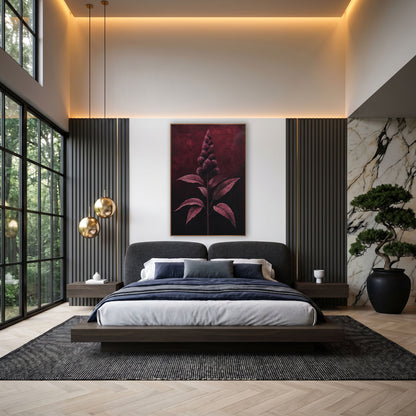 Burgundy Flower Plume Botanical wall art in an elegant modern room – tall burgundy flower spike with round spiky