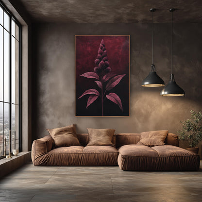 Burgundy Flower Plume Botanical wall art in an elegant modern room – tall burgundy flower spike with round spiky