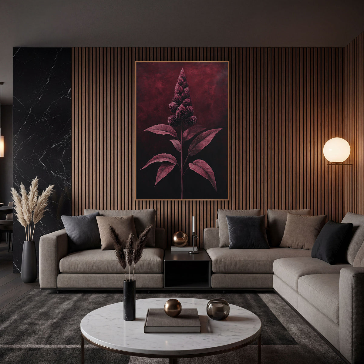 Burgundy Flower Plume Botanical wall art in an elegant modern room – tall burgundy flower spike with round spiky
