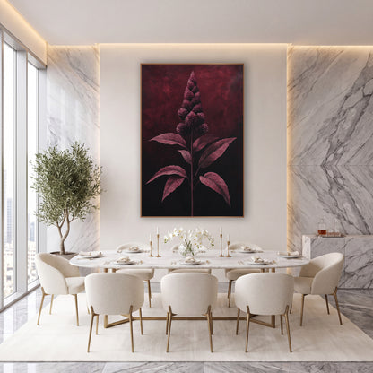 Burgundy Flower Plume Botanical wall art in an elegant modern room – tall burgundy flower spike with round spiky