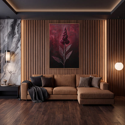 Crimson Celosia Spire Glowing Botanical wall art in an elegant modern room – tall burgundy celosia flower plume