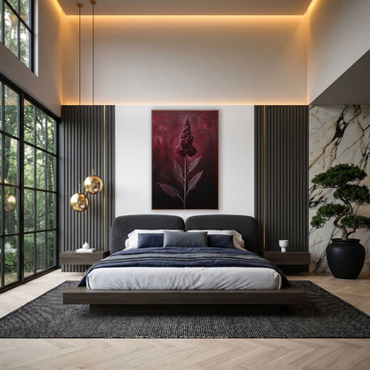 Crimson Celosia Spire Glowing Botanical wall art in an elegant modern room – tall burgundy celosia flower plume