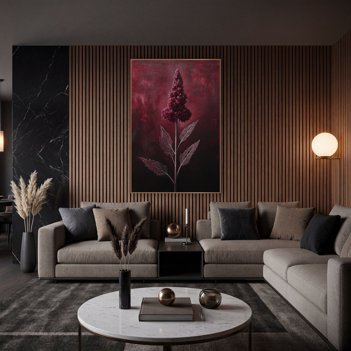 Crimson Celosia Spire Glowing Botanical wall art in an elegant modern room – tall burgundy celosia flower plume