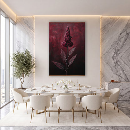 Crimson Celosia Spire Glowing Botanical wall art in an elegant modern room – tall burgundy celosia flower plume
