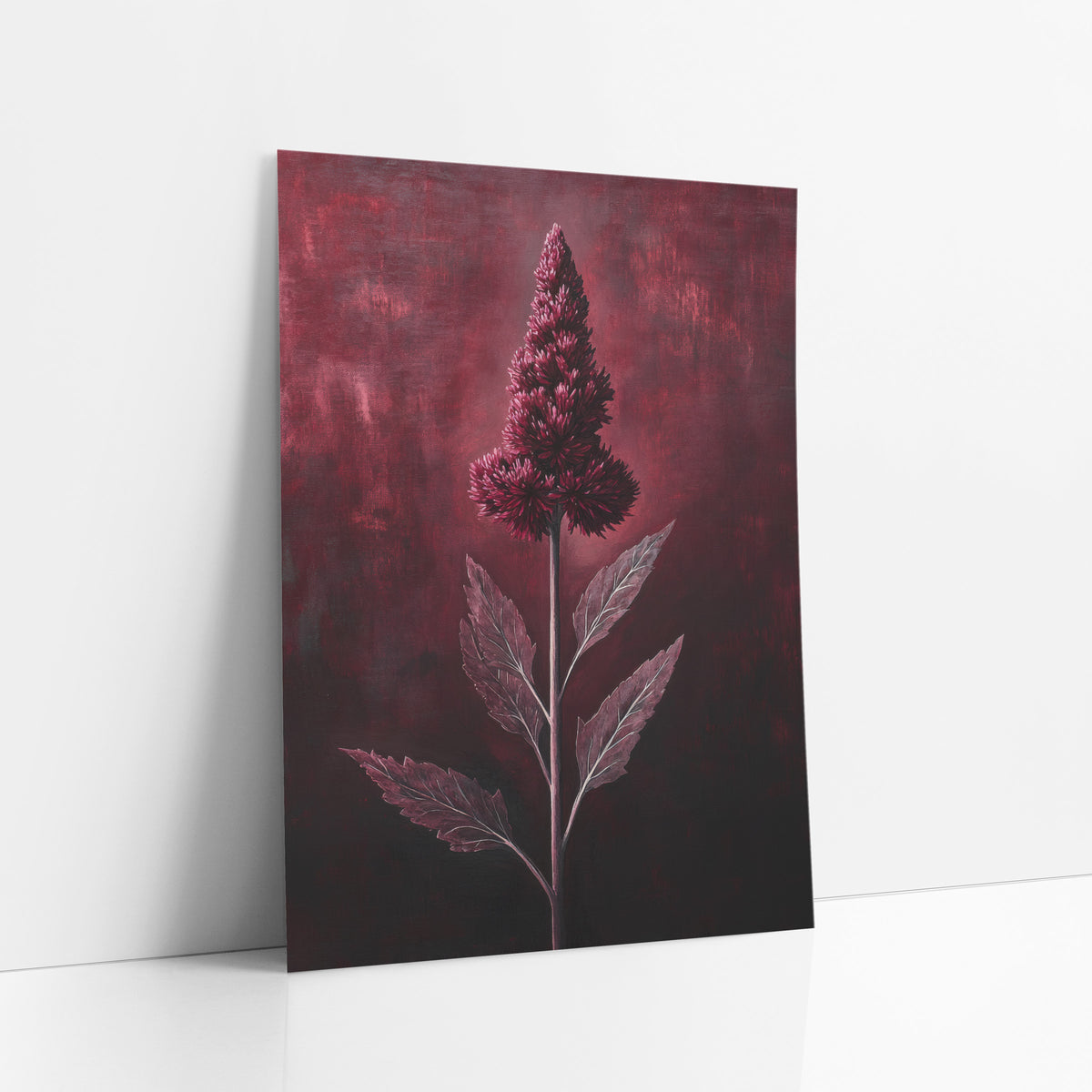 Crimson Celosia Spire Glowing Botanical art print leaning against a white wall – tall burgundy celosia flower plume