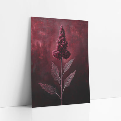 Crimson Celosia Spire Glowing Botanical art print leaning against a white wall – tall burgundy celosia flower plume