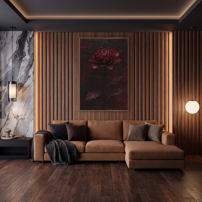 Burgundy Chrysanthemum Dark Floral Decor wall art in an elegant modern room – single burgundy chrysanthemum on a tall