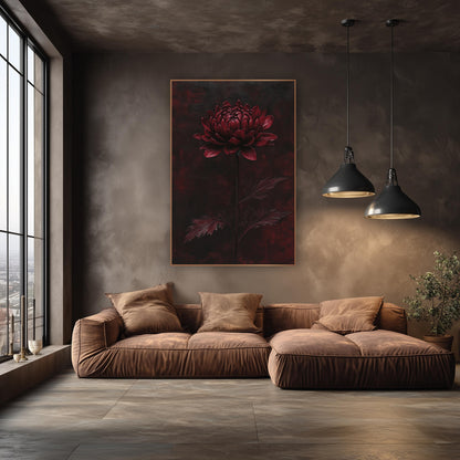 Burgundy Chrysanthemum Dark Floral Decor wall art in an elegant modern room – single burgundy chrysanthemum on a tall
