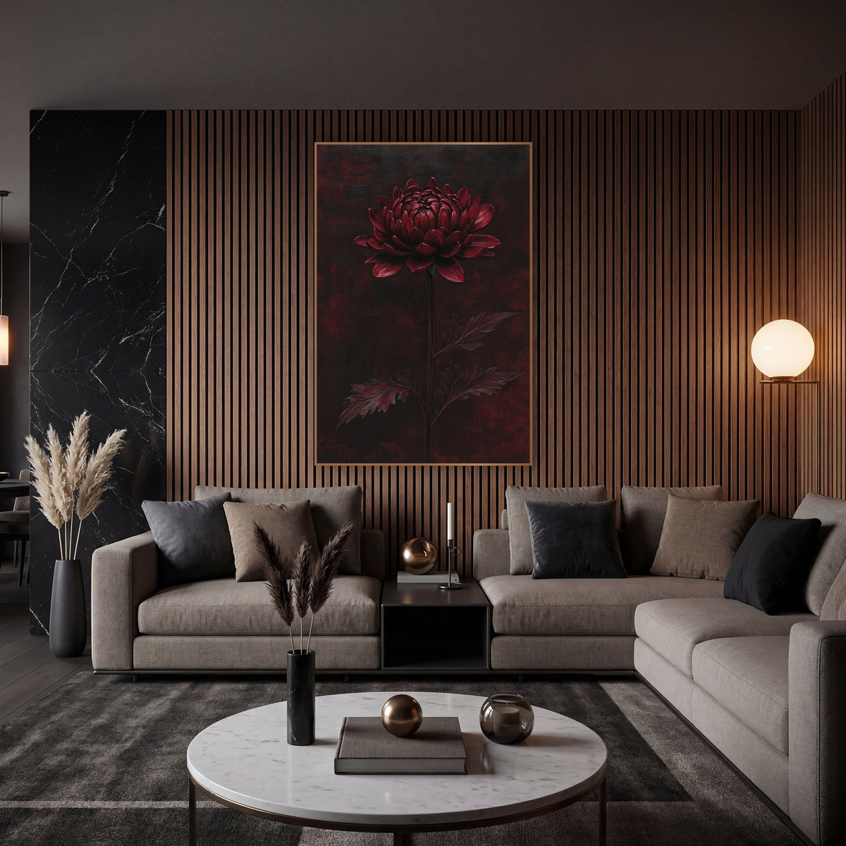 Burgundy Chrysanthemum Dark Floral Decor wall art in an elegant modern room – single burgundy chrysanthemum on a tall