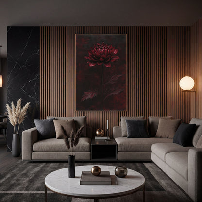 Burgundy Chrysanthemum Dark Floral Decor wall art in an elegant modern room – single burgundy chrysanthemum on a tall