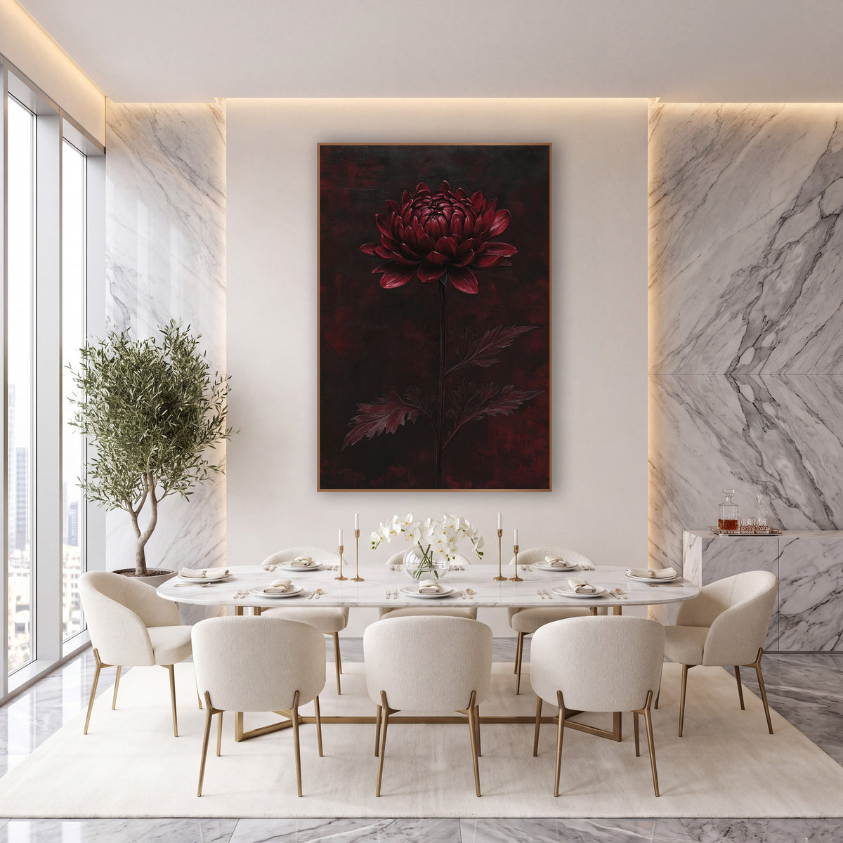 Burgundy Chrysanthemum Dark Floral Decor wall art in an elegant modern room – single burgundy chrysanthemum on a tall