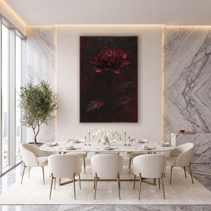 Burgundy Chrysanthemum Dark Floral Decor wall art in an elegant modern room – single burgundy chrysanthemum on a tall