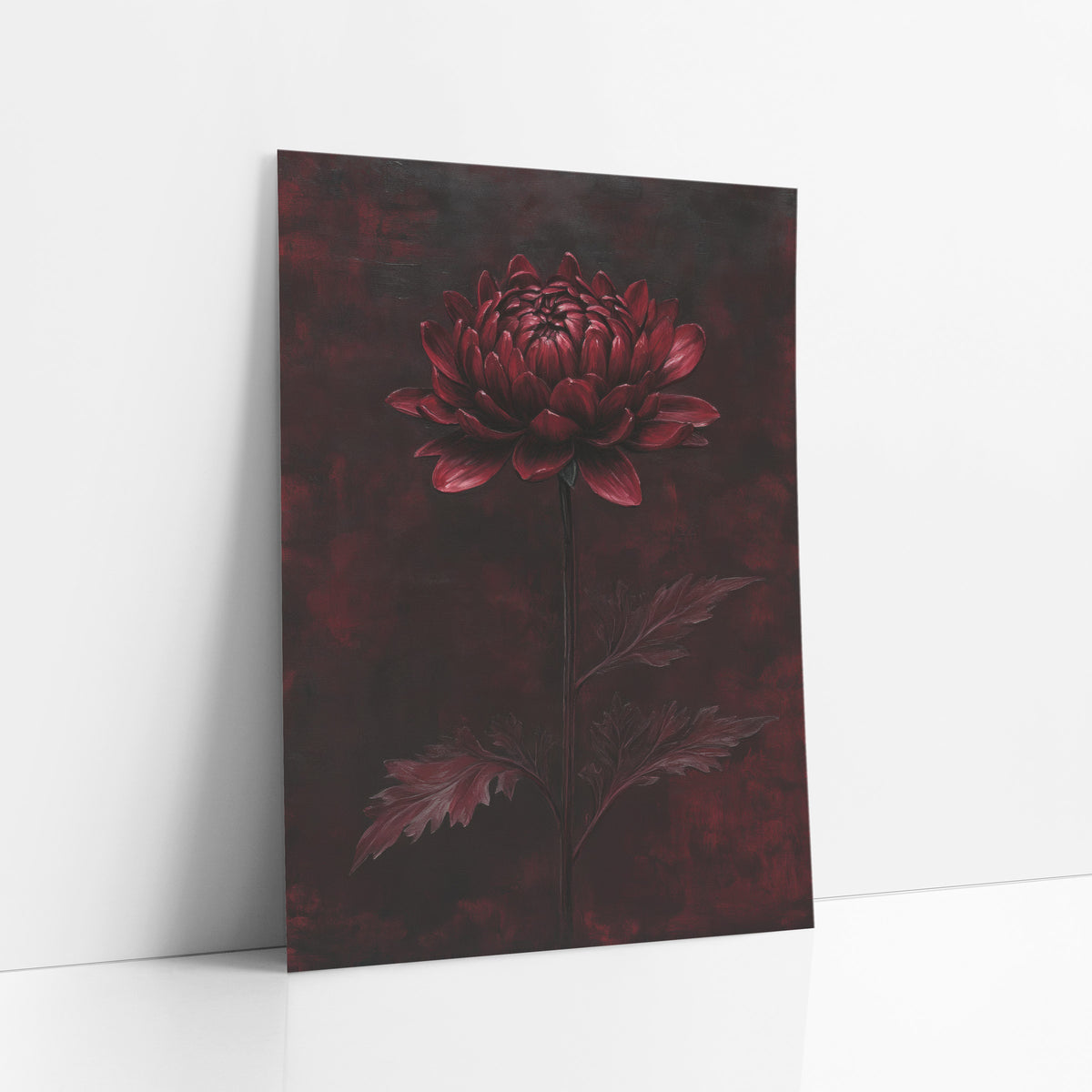 Burgundy Chrysanthemum Dark Floral Decor art print leaning against a white wall – single burgundy chrysanthemum on a tall