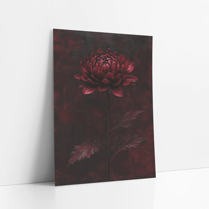 Burgundy Chrysanthemum Dark Floral Decor art print leaning against a white wall – single burgundy chrysanthemum on a tall