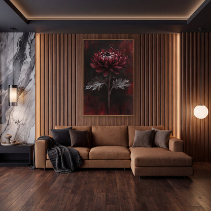 Burgundy Chrysanthemum Dark Moody Decor wall art in an elegant modern room – burgundy chrysanthemum with silver-gray