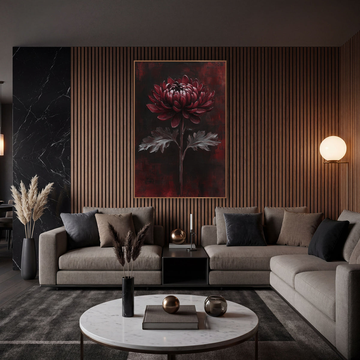 Burgundy Chrysanthemum Dark Moody Decor wall art in an elegant modern room – burgundy chrysanthemum with silver-gray