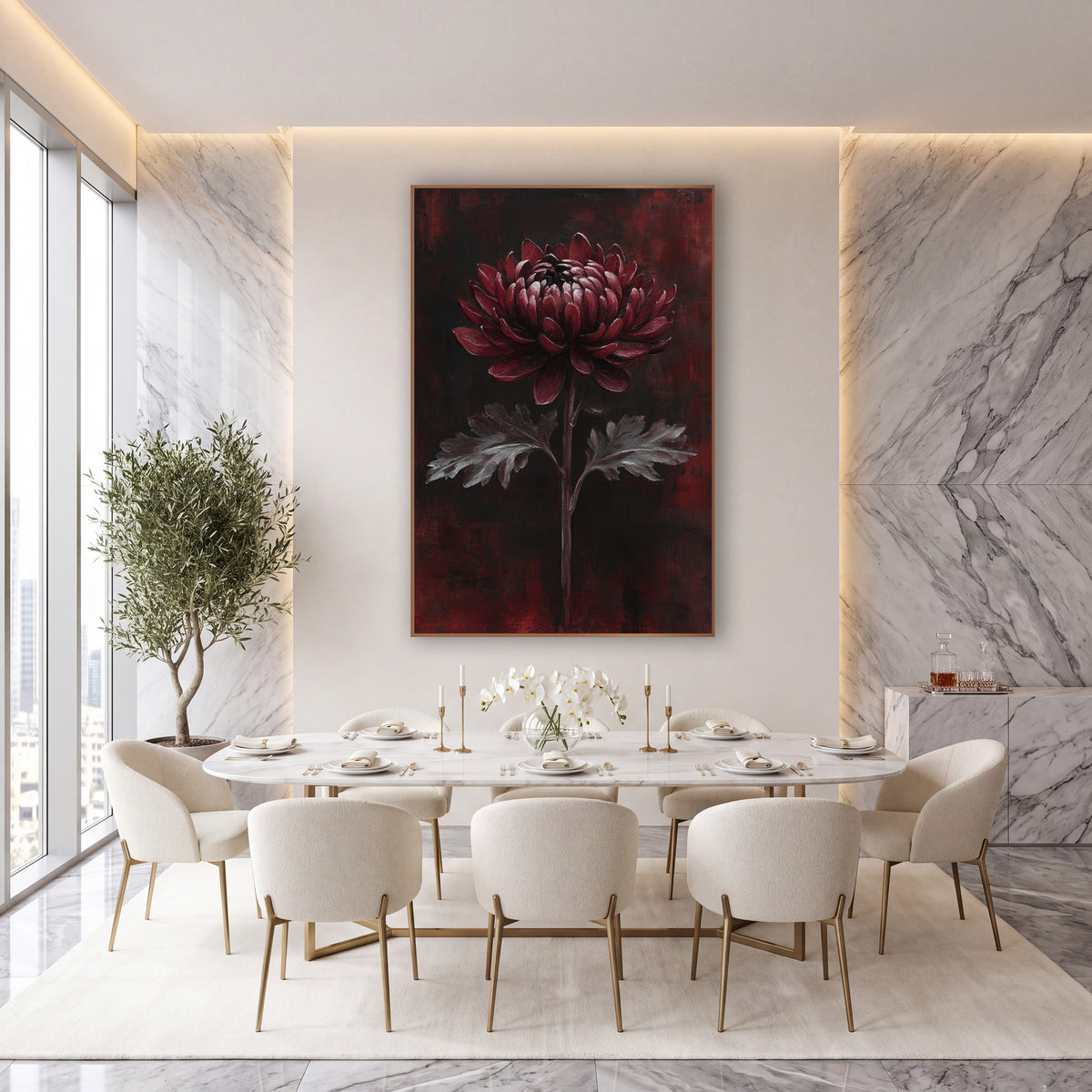 Burgundy Chrysanthemum Dark Moody Decor wall art in an elegant modern room – burgundy chrysanthemum with silver-gray