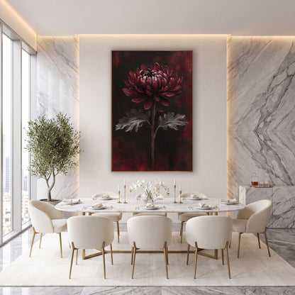 Burgundy Chrysanthemum Dark Moody Decor wall art in an elegant modern room – burgundy chrysanthemum with silver-gray