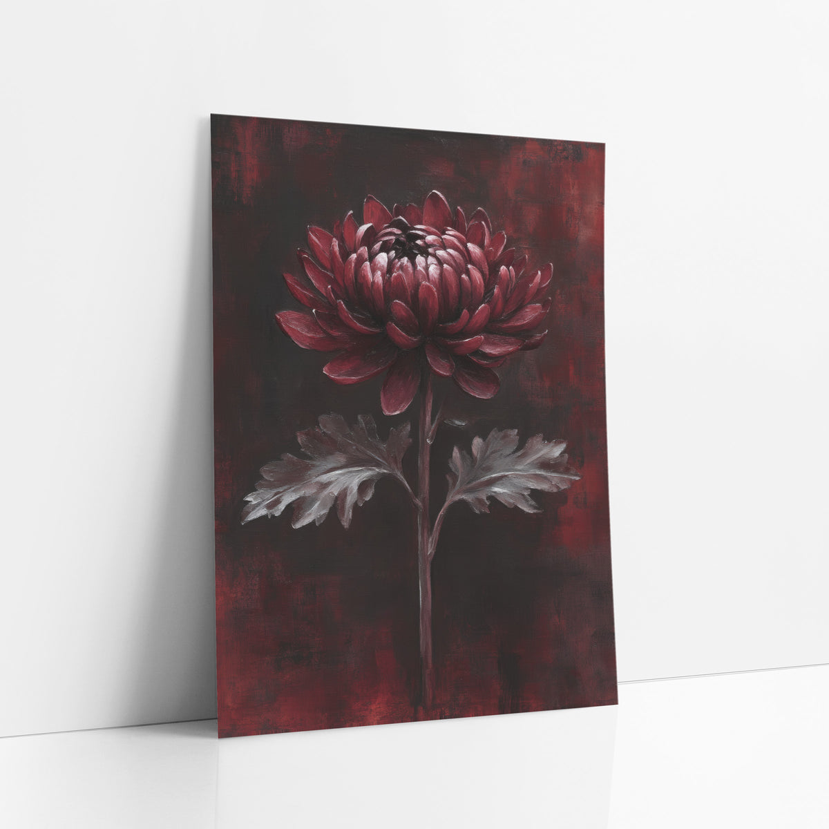 Burgundy Chrysanthemum Dark Moody Decor art print leaning against a white wall – burgundy chrysanthemum with silver-gray