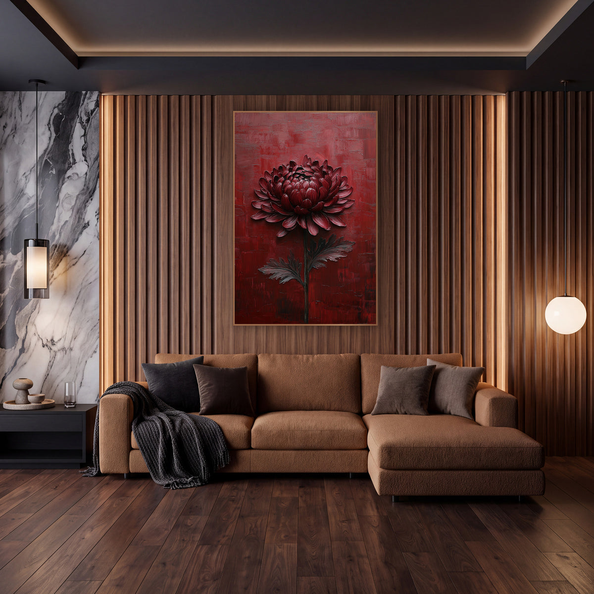 Burgundy Chrysanthemum Moody Floral wall art in an elegant modern room – burgundy chrysanthemum with dark stem and two