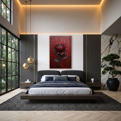 Burgundy Chrysanthemum Moody Floral wall art in an elegant modern room – burgundy chrysanthemum with dark stem and two