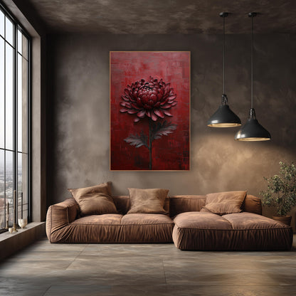 Burgundy Chrysanthemum Moody Floral wall art in an elegant modern room – burgundy chrysanthemum with dark stem and two