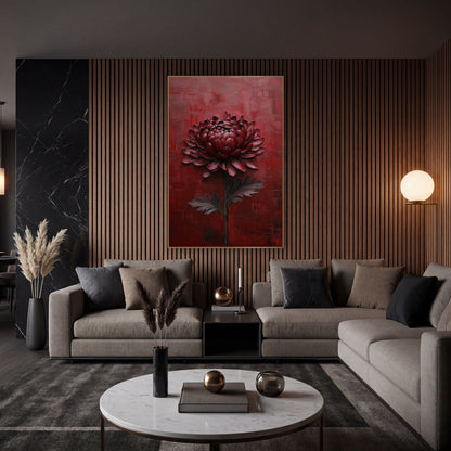 Burgundy Chrysanthemum Moody Floral wall art in an elegant modern room – burgundy chrysanthemum with dark stem and two