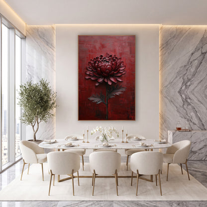 Burgundy Chrysanthemum Moody Floral wall art in an elegant modern room – burgundy chrysanthemum with dark stem and two