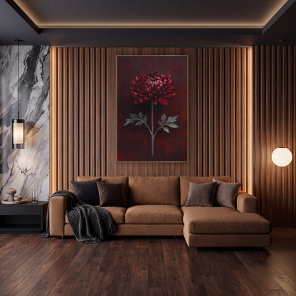 Burgundy Chrysanthemum Moody Botanical wall art in an elegant modern room – single burgundy chrysanthemum on a long