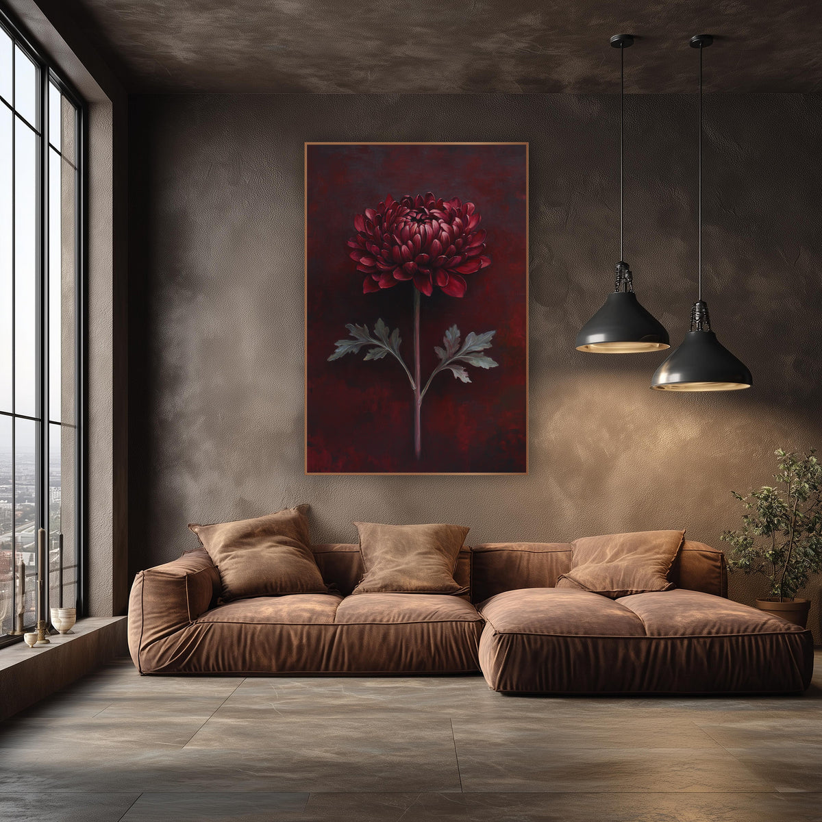 Burgundy Chrysanthemum Moody Botanical wall art in an elegant modern room – single burgundy chrysanthemum on a long