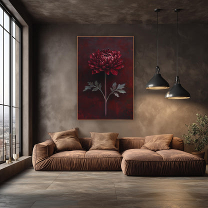 Burgundy Chrysanthemum Moody Botanical wall art in an elegant modern room – single burgundy chrysanthemum on a long