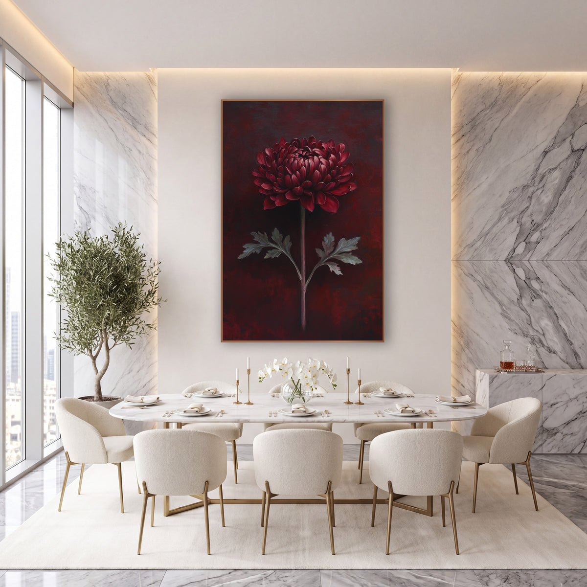 Burgundy Chrysanthemum Moody Botanical wall art in an elegant modern room – single burgundy chrysanthemum on a long
